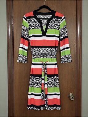 Emma & Michele Striped Tie-Waist Dress in Orange, White,Green & Blac